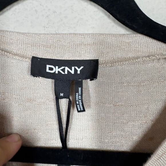 DKNY Womens Size Medium Tie Sleeves Top Tan Linen Rayon Blend Crew Neck Stretch - Picture 7 of 11